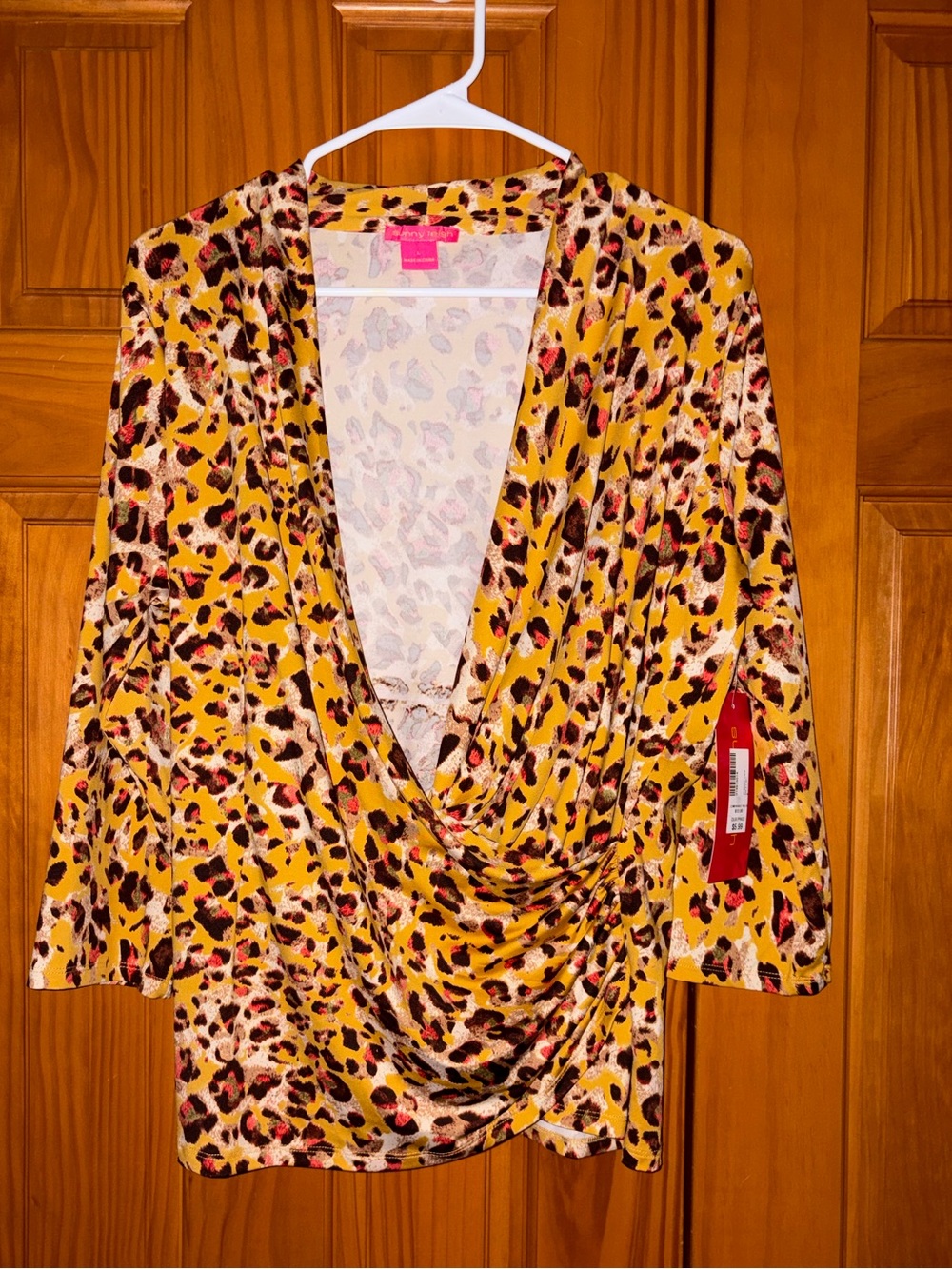 Sunny Leigh Yellow Leopard Print Draped V-Neck Blouse